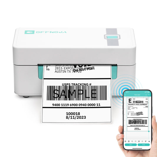 A Bluetooth Thermal Label Printer connected to a smartphone, printing a label with barcodes.