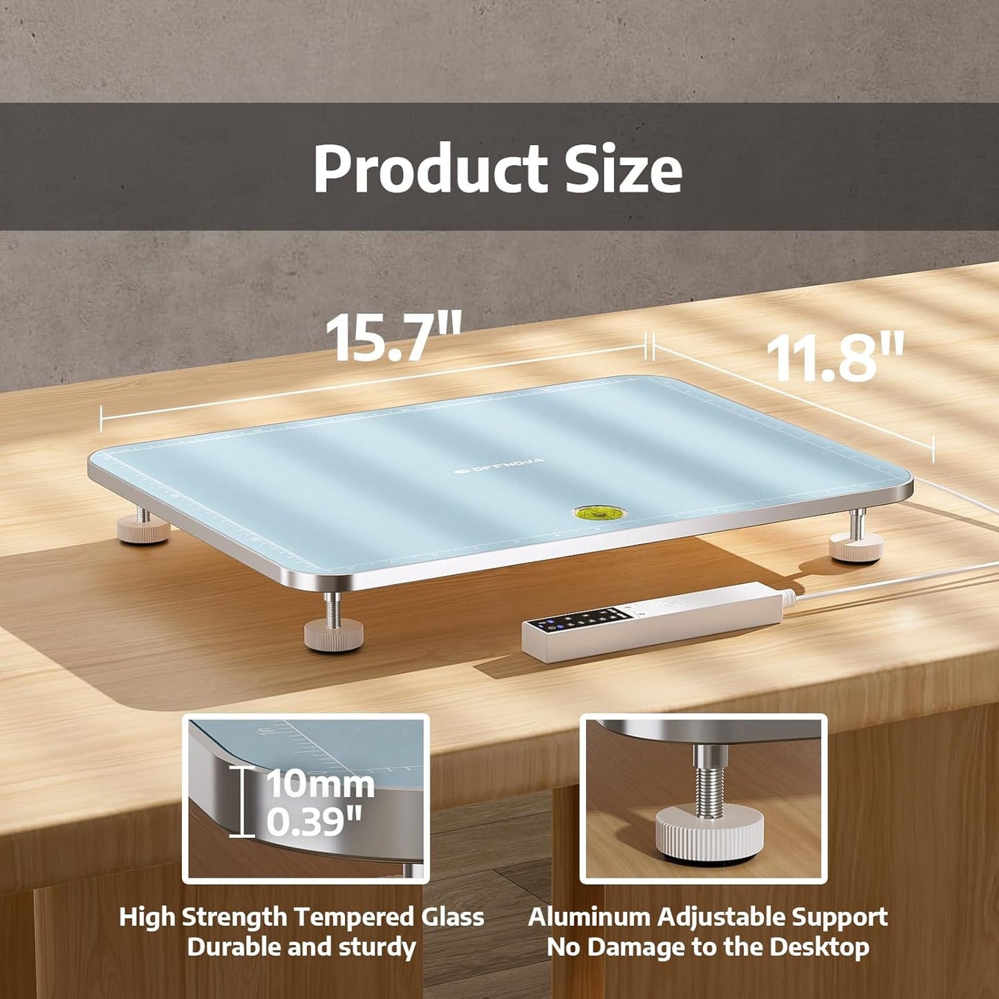 High Strength Tempered Glass - Durable and sturdy; Aluminum Adjustable support - No Damage to the Desktop