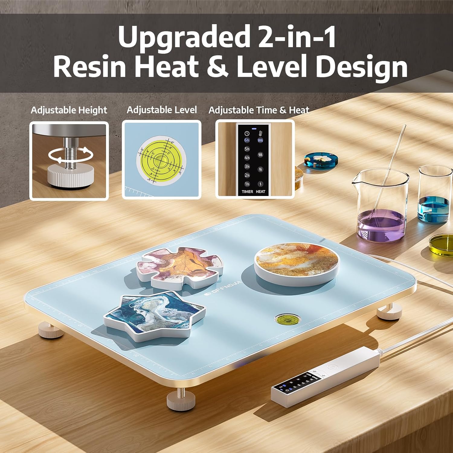 Upgraded 2-in-1 resin heat and level design has  adjustable height, level, and time/heat control.