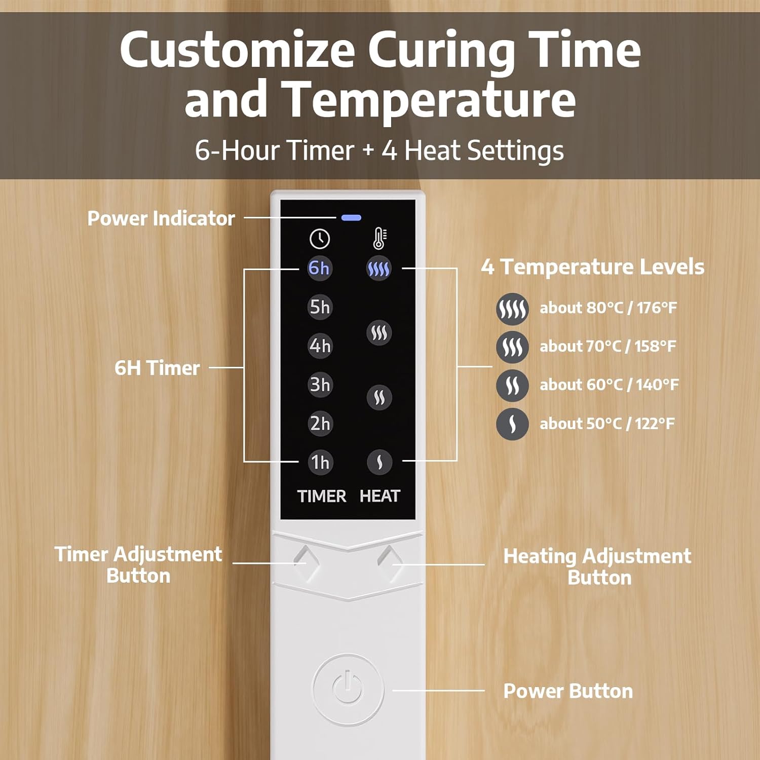 You can customize curing time and temperature to be 6-Hour Timer and 4 Heat Settings by control panel with timer and temperature settings