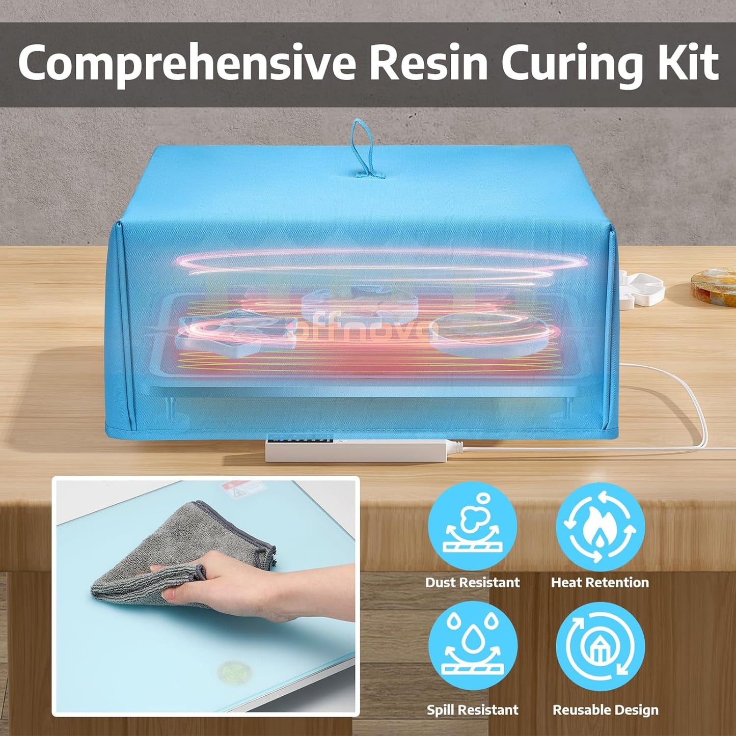 Comprehensive Resin Curing Kit with blue cover is dust resistance, heat retention, spill resistant, and has a reusable design.