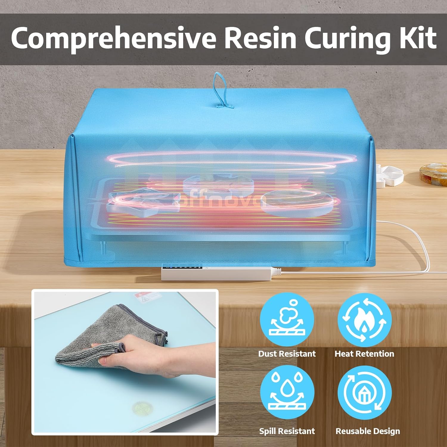 Comprehensive Resin Curing Kit with blue cover is dust resistance, heat retention, spill resistant, and has a reusable design.
