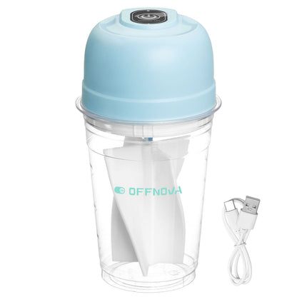 A hands-free electric resin mixer with a clear body, blue lid, and a white silicone stirring paddle, alongside a Type-C charging cable.