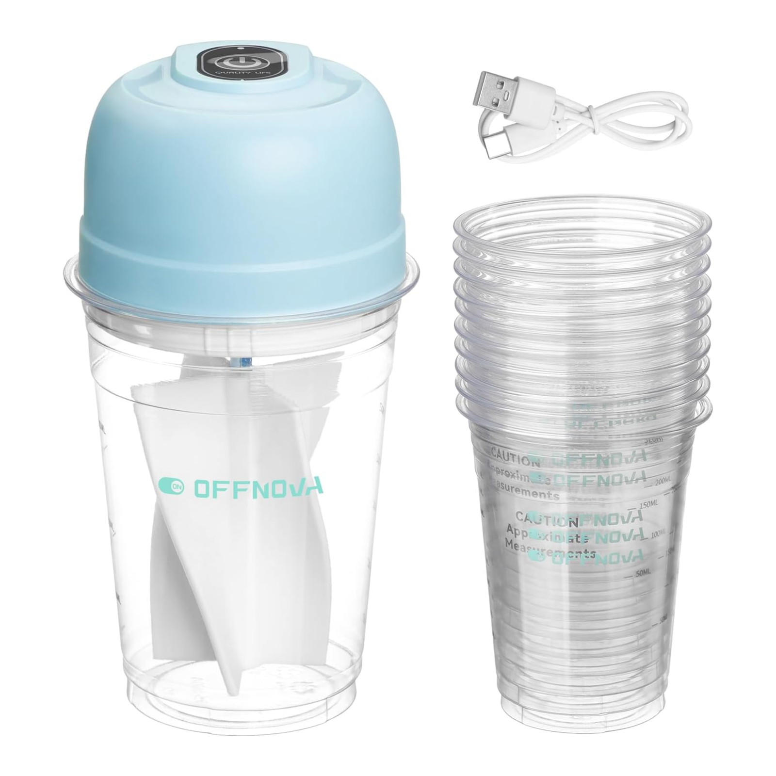 Portable resin mixer with a blue top and clear cups