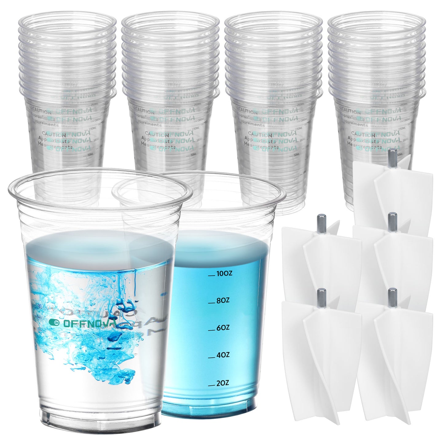 A set of clear resin mixing cups with blue liquid, alongside five silicone stirring paddles. 