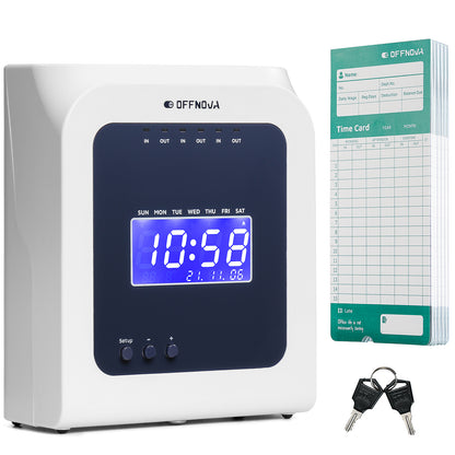 Thermal punch time clock with a digital screen displaying time and date, accompanied by a bundle of green time cards and two sets of keys.