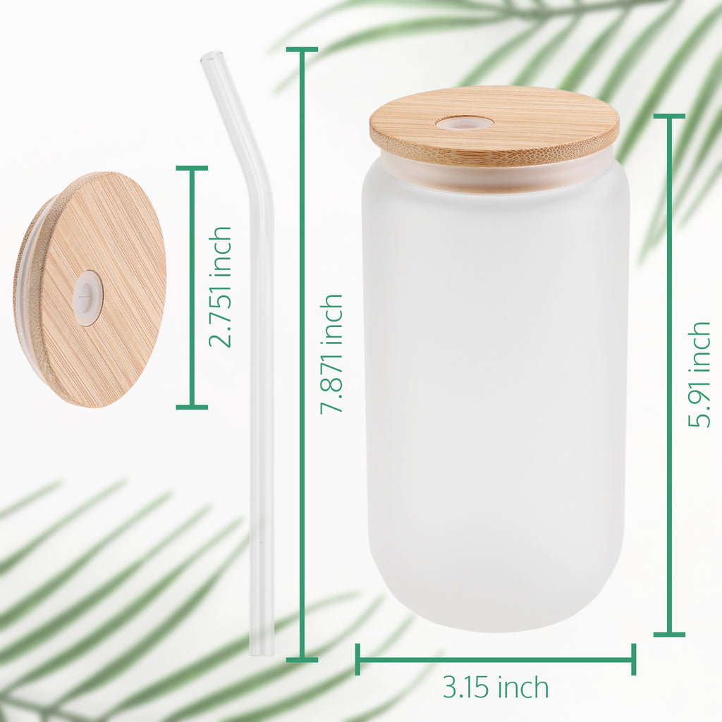6 Pack - 16oz Sublimation Glass Tumblers with Bamboo Lid and Straw