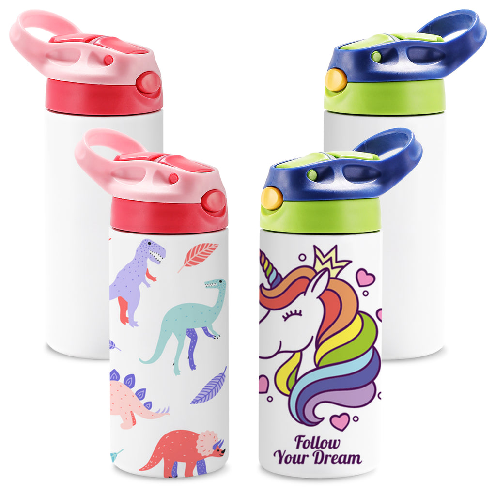 12 oz. Kids Stainless Steel Sublimation Water Bottle Blank - White w/ Red &  Teal Cap