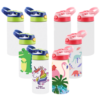 8-pack sublimation blank kids' water bottles with different colorful designs