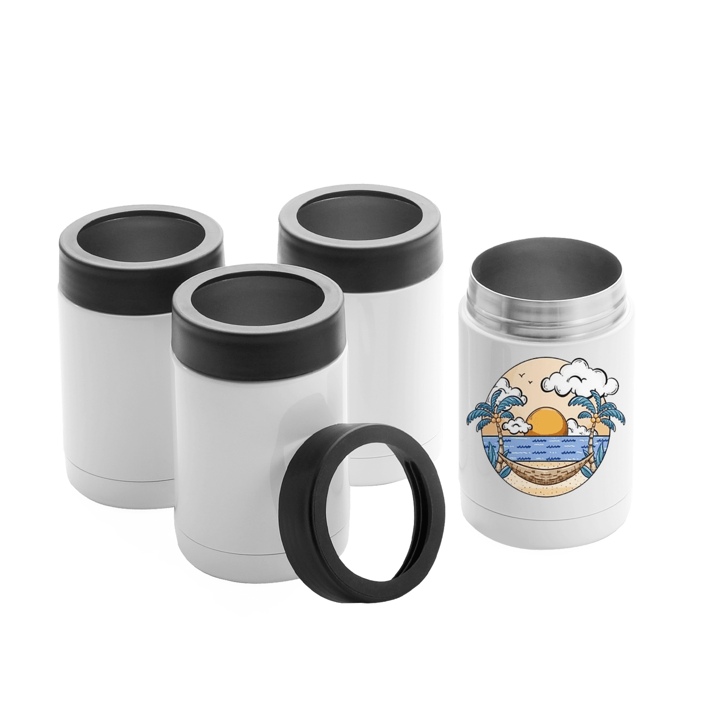 4-pack stainless steel can coolers with black lids for sublimation heat press.