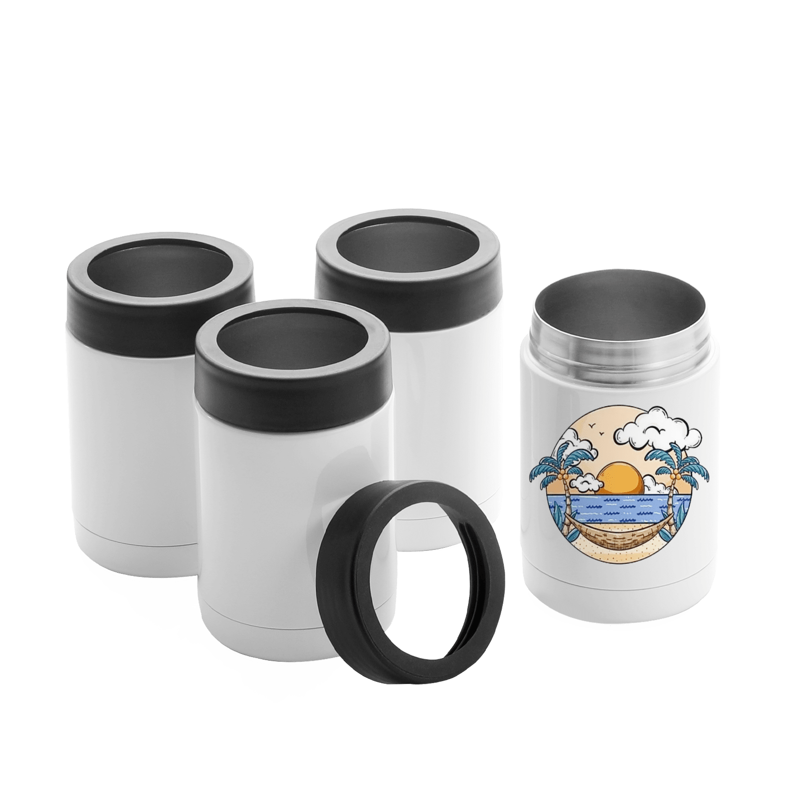 4-pack stainless steel can coolers with black lids for sublimation heat press.