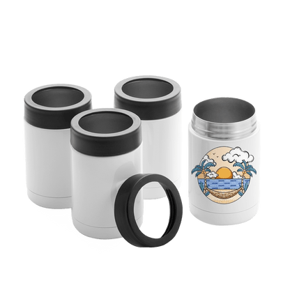 4-pack stainless steel can coolers with black lids for sublimation heat press.
