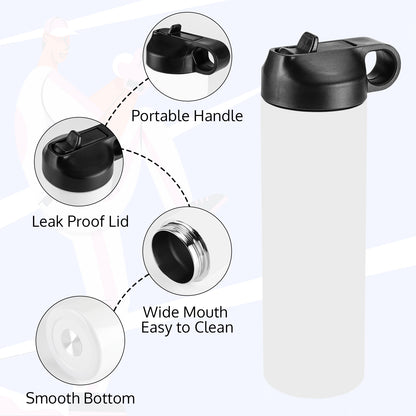 Portable handle, leak proof lid, wide mouth, and smooth bottom